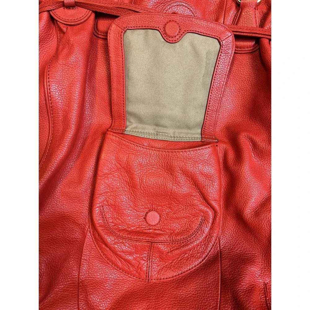 Isaac Mizrahi Live! Red Pebbled Leather Large Tote Hobo Bag Drawstring Gold Feet